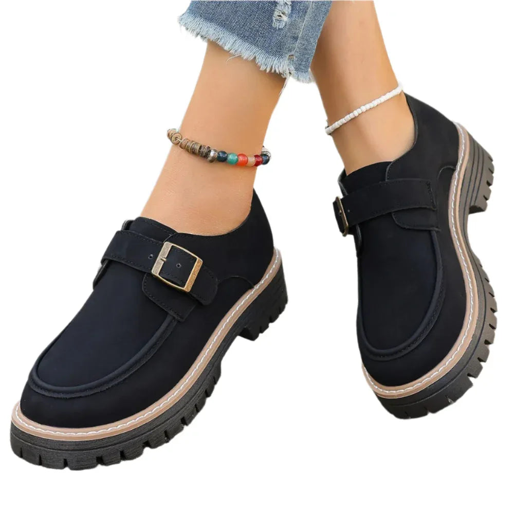 Mocassins à Boucle Tendance pour Femme Style Britannique Chaussures Décontractées à Semelle Épaisse Rehaussant la Taille