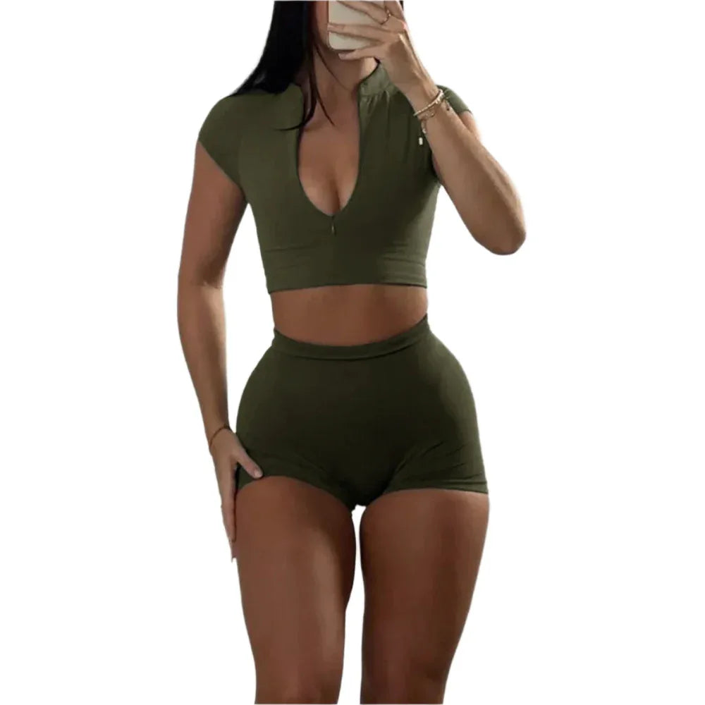 Ensemble de survêtement deux pièces pour femme, haut court à fermeture éclair et short, pour le sport et l'entraînement en salle de gym