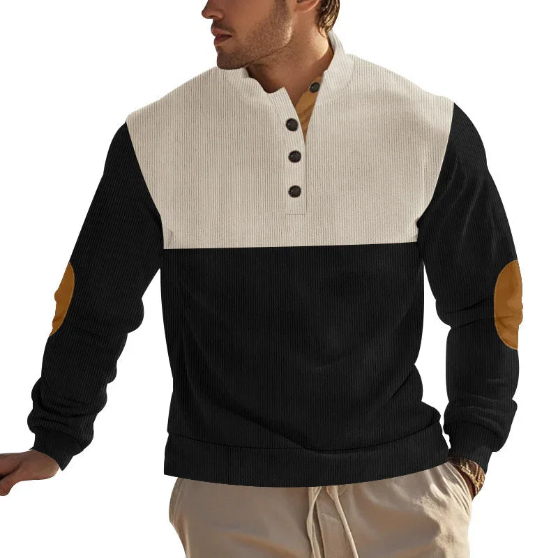 Pull homme décontracté avec col montant, demi-boutonné, motif color block