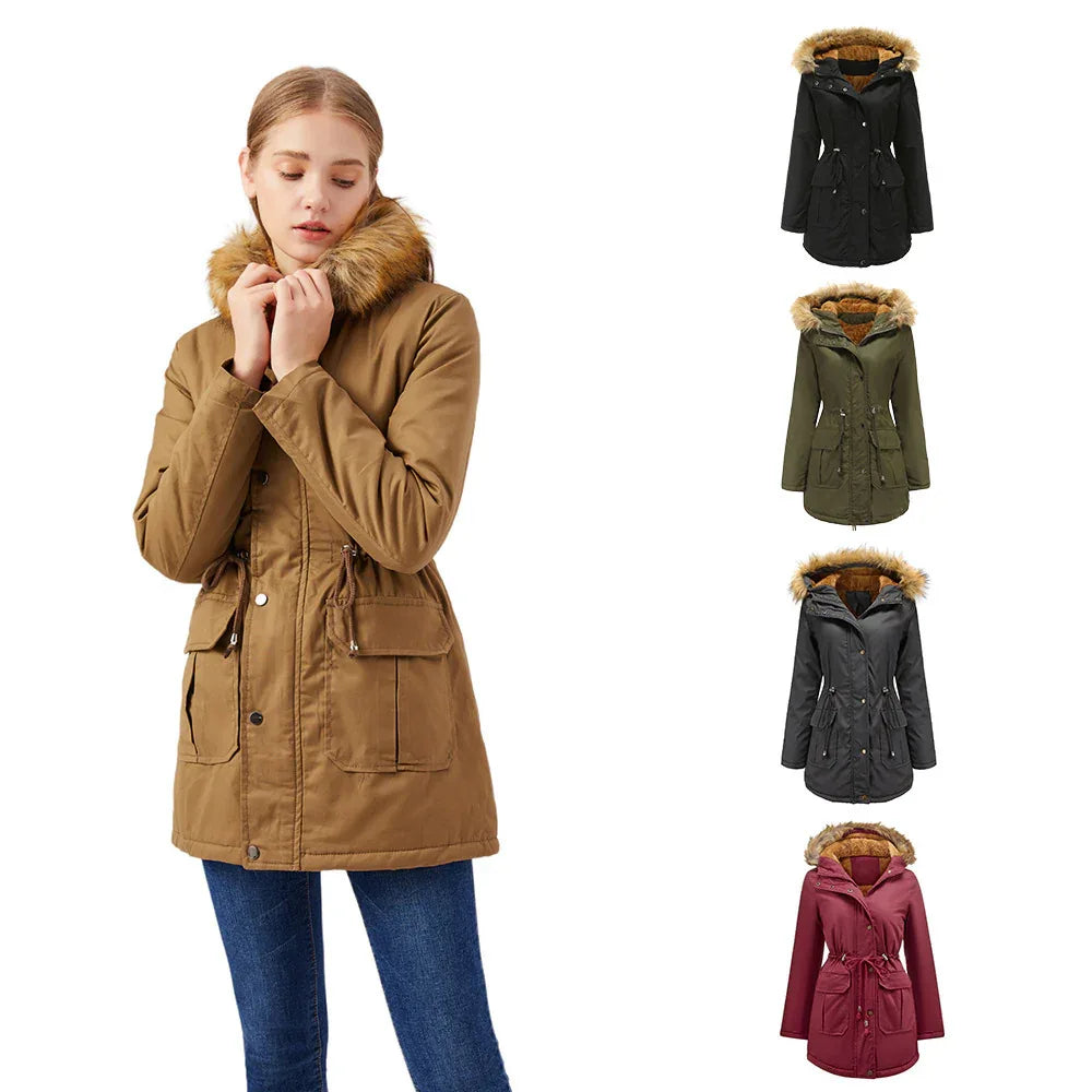 Veste d'hiver chaude doublée polaire à capuche avec col en fourrure pour femme