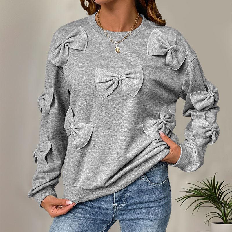 Pull gris décontracté à col rond pour femme avec nœud papillon brodé