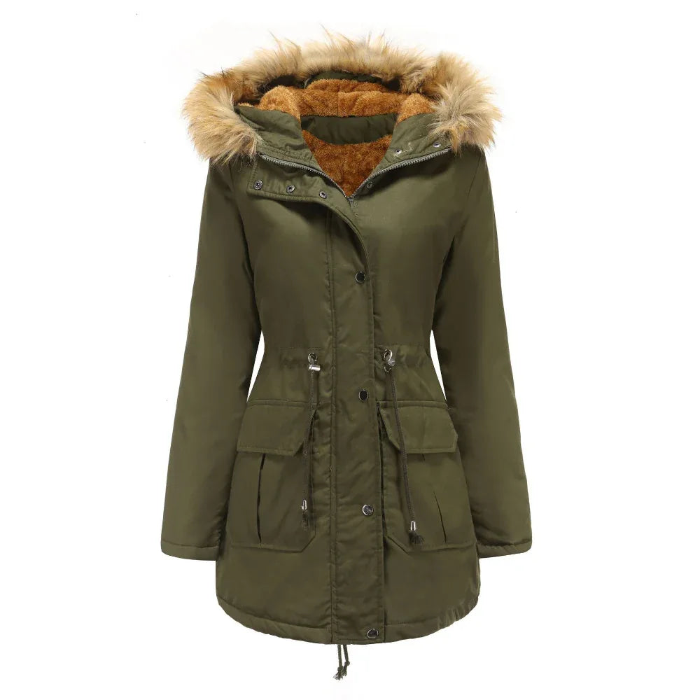Veste d'hiver chaude doublée polaire à capuche avec col en fourrure pour femme