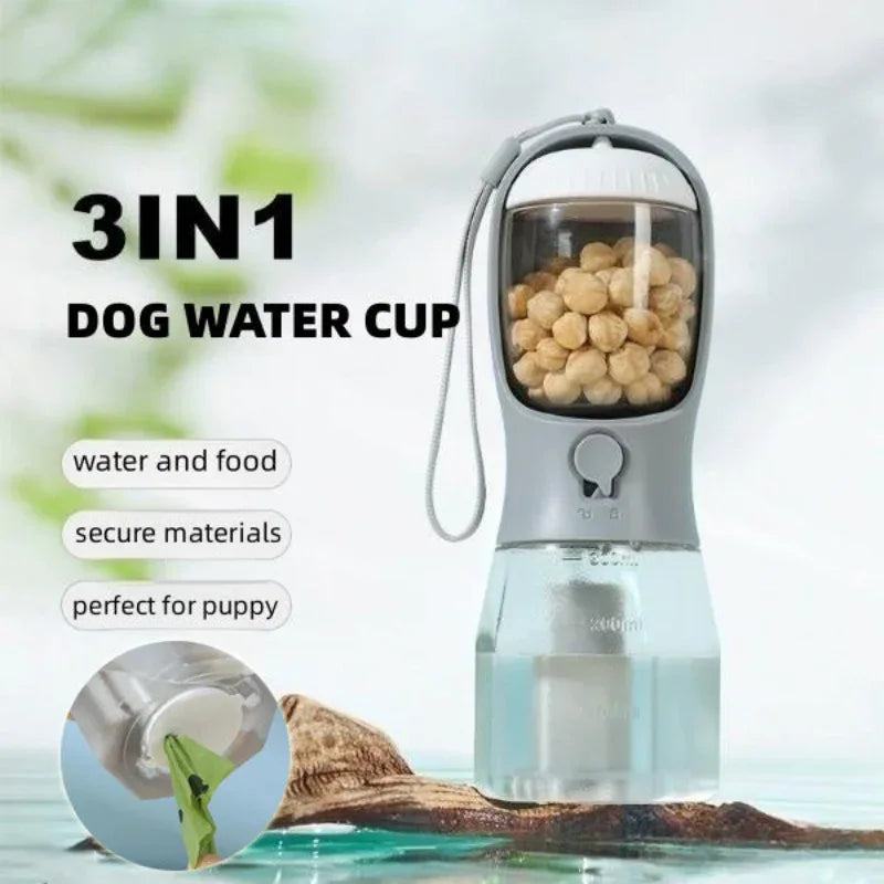 Gobelet à eau pour chien, compartiment pour sacs poubelles, distributeur de nourriture, bouteille d'eau portable multifonction trois-en-un pour petits animaux de compagnie
