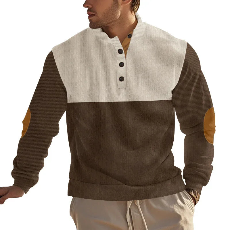 Pull homme décontracté avec col montant, demi-boutonné, motif color block