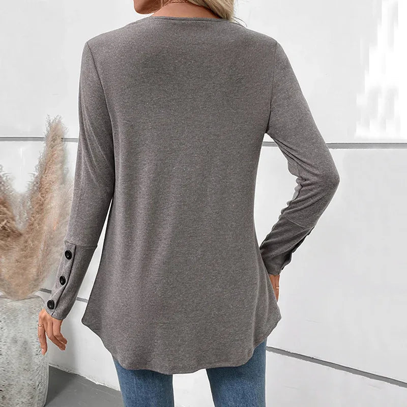 Haut décontracté mi-long à col en V de couleur unie et à manches longues pour femme