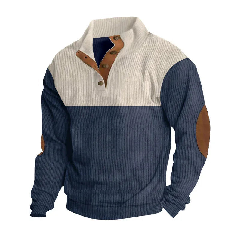 Pull homme décontracté avec col montant, demi-boutonné, motif color block