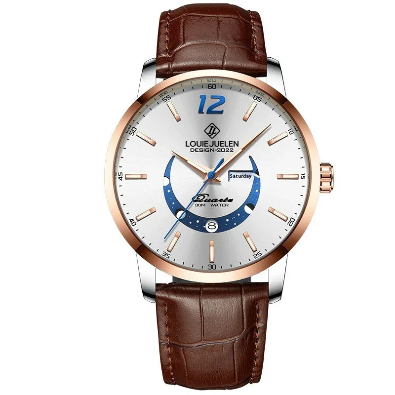 Leuchtende Wasserdichte Armbanduhr Herren Mode Echtes Lederarmband Quarzuhr