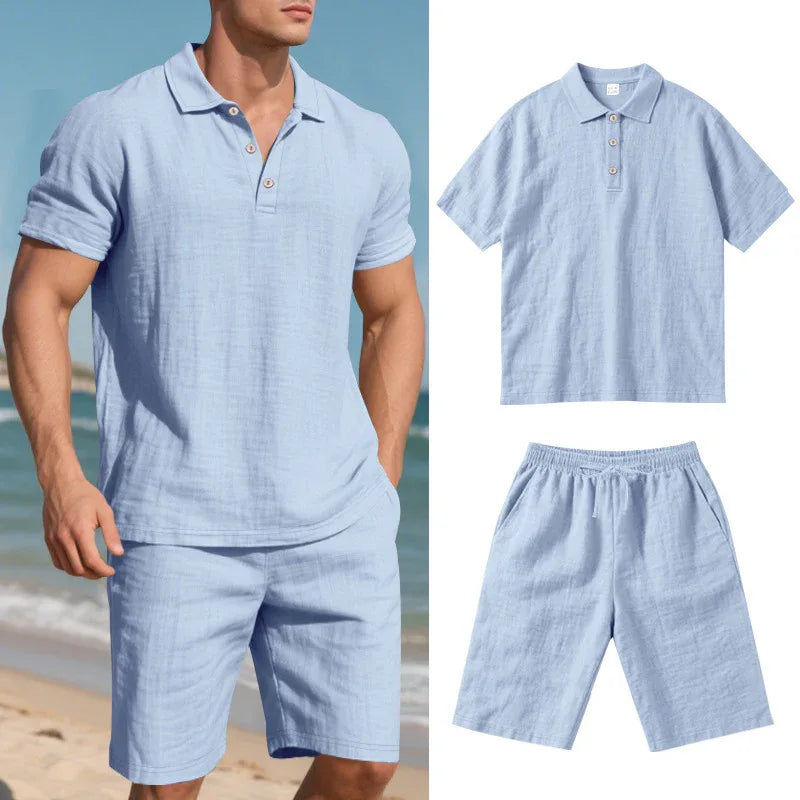 Ensemble de vêtements d'été décontracté en lin ample et respirant pour hommes, comprenant une chemise à manches courtes et un short