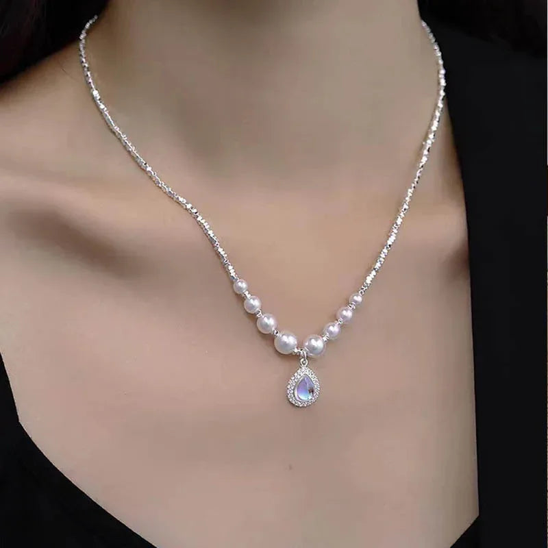 Collier de perles goutte d'eau bleu océan pour femmes