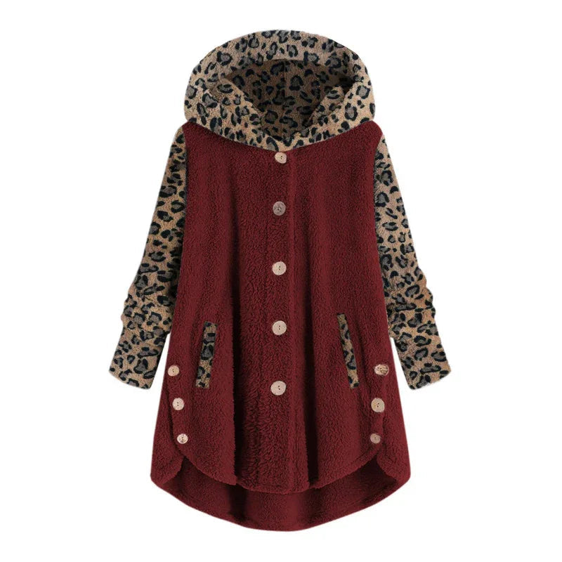 Manteau à capuche léopard en peluche à manches longues pour femmes pour l'automne et l'hiver