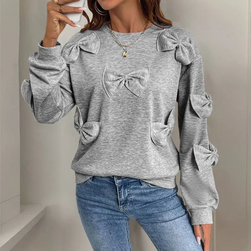 Pull gris décontracté à col rond pour femme avec nœud papillon brodé