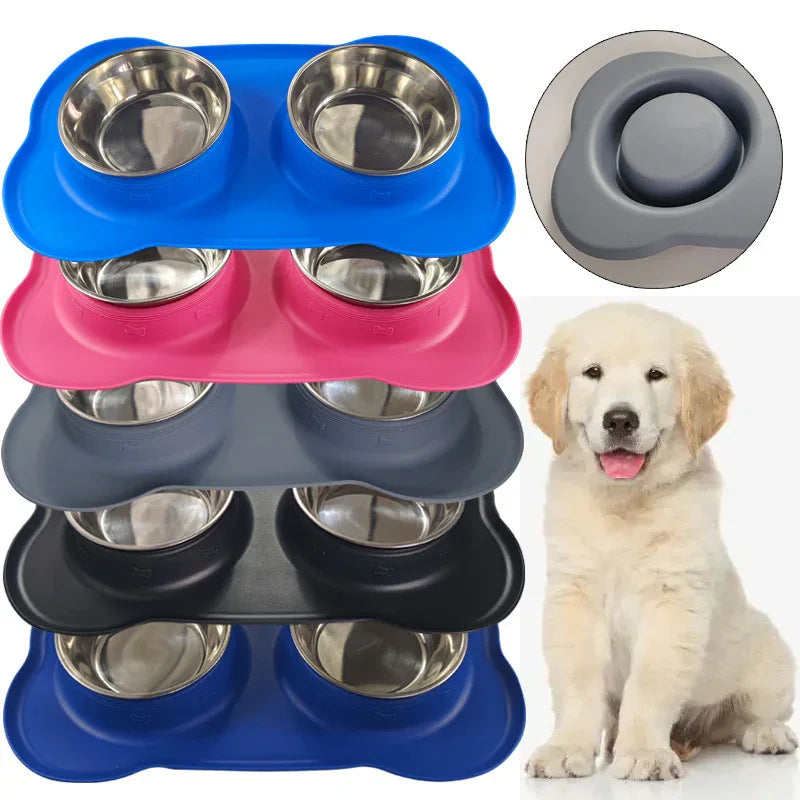 Grande gamelle pour animaux de compagnie en silicone double bol en acier inoxydable pour chien