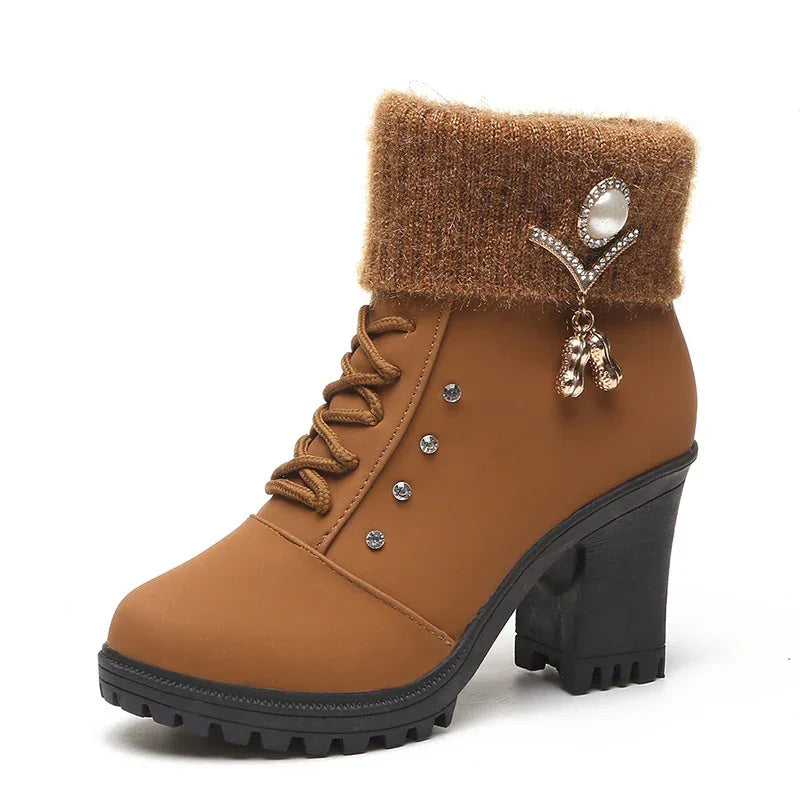 Bottes Martin à lacets et strass à talon épais pour femme