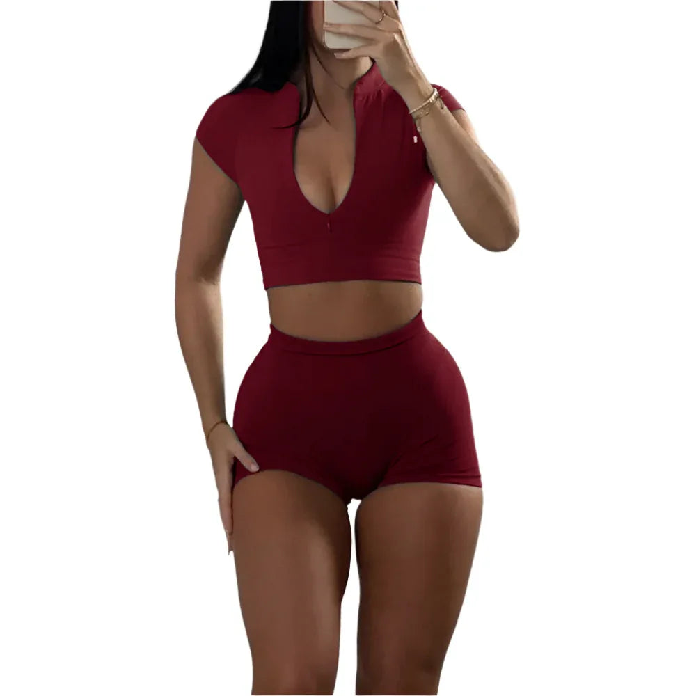 Ensemble de survêtement deux pièces pour femme, haut court à fermeture éclair et short, pour le sport et l'entraînement en salle de gym