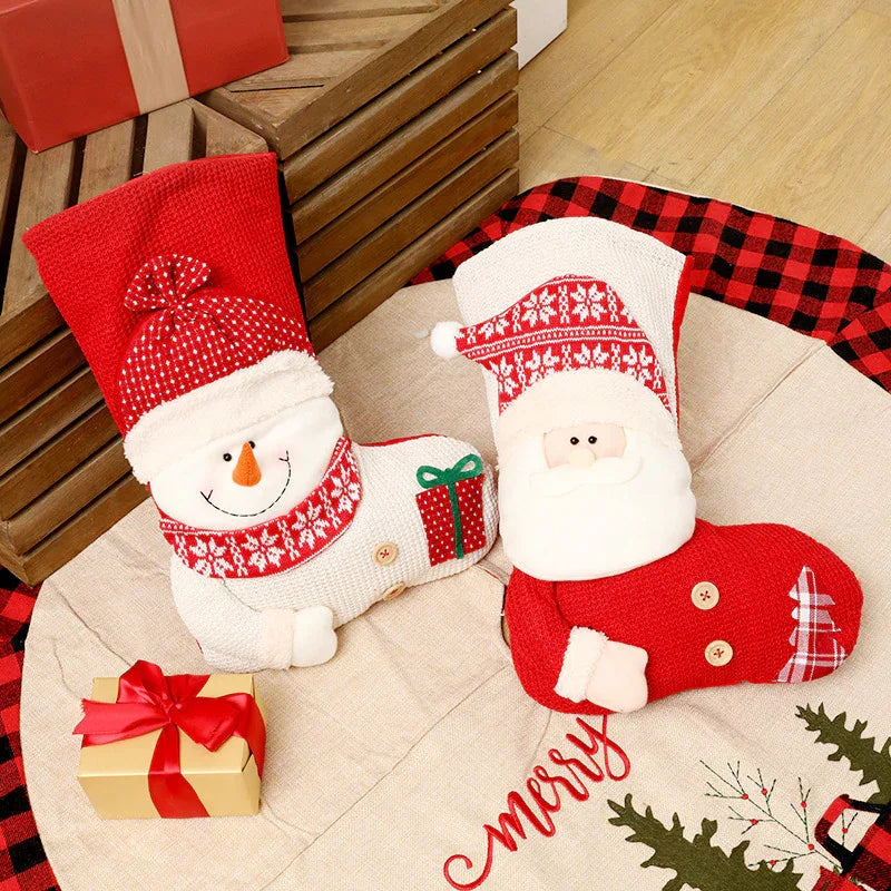Grande chaussette de Noël tricotée rouge et blanche Père Noël, chaussette de décoration de cheminée, sacs cadeaux de Noël, support à bonbons pour la maison