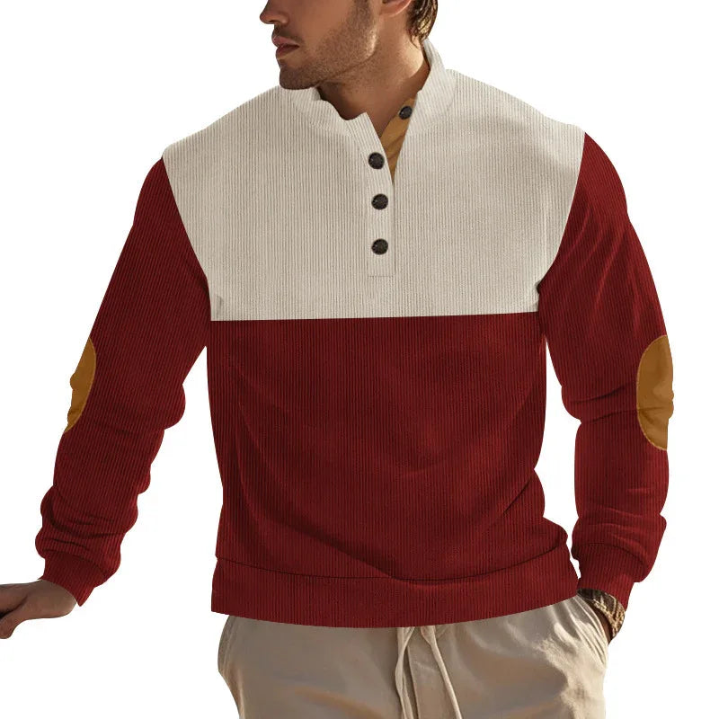 Pull homme décontracté avec col montant, demi-boutonné, motif color block