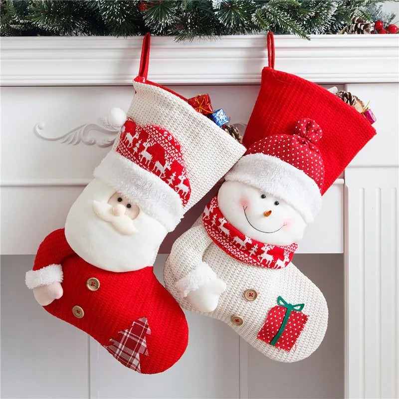 Grande chaussette de Noël tricotée rouge et blanche Père Noël, chaussette de décoration de cheminée, sacs cadeaux de Noël, support à bonbons pour la maison