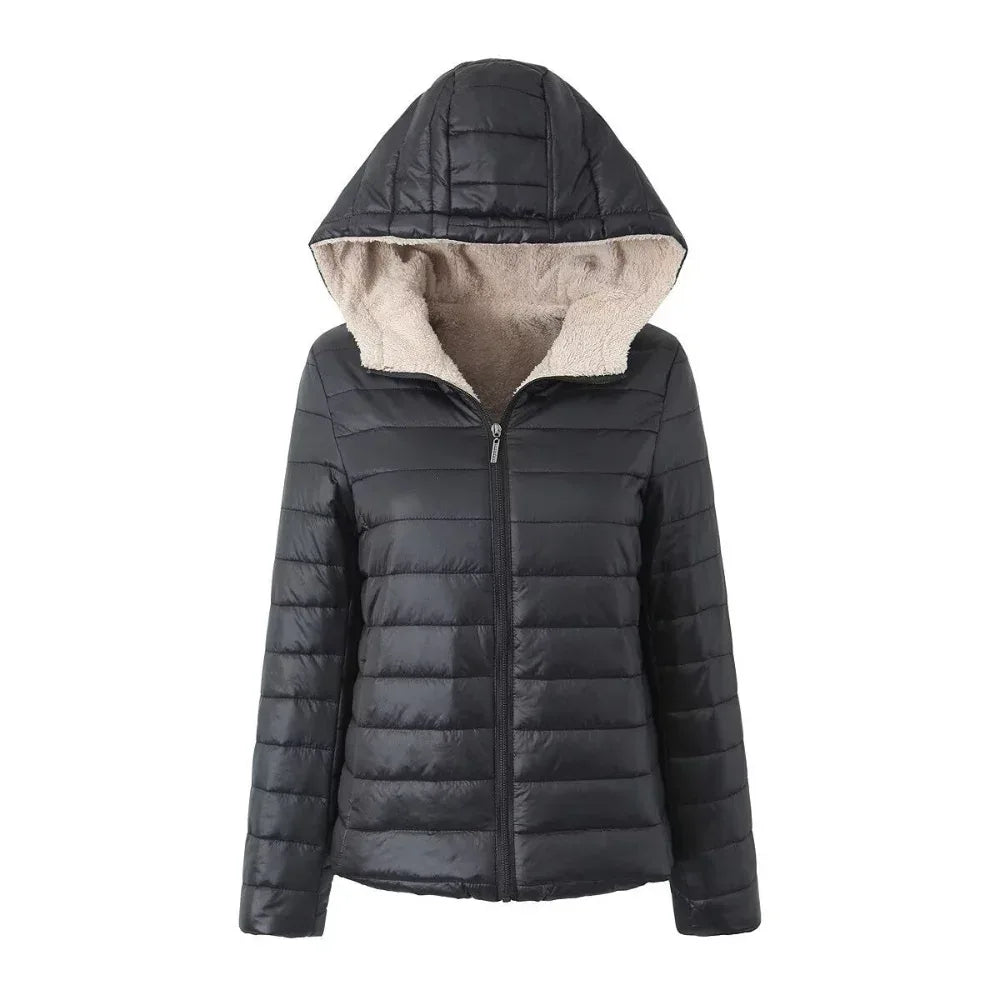 Veste d'hiver chaude en velours coupe courte ample à capuche pour femme