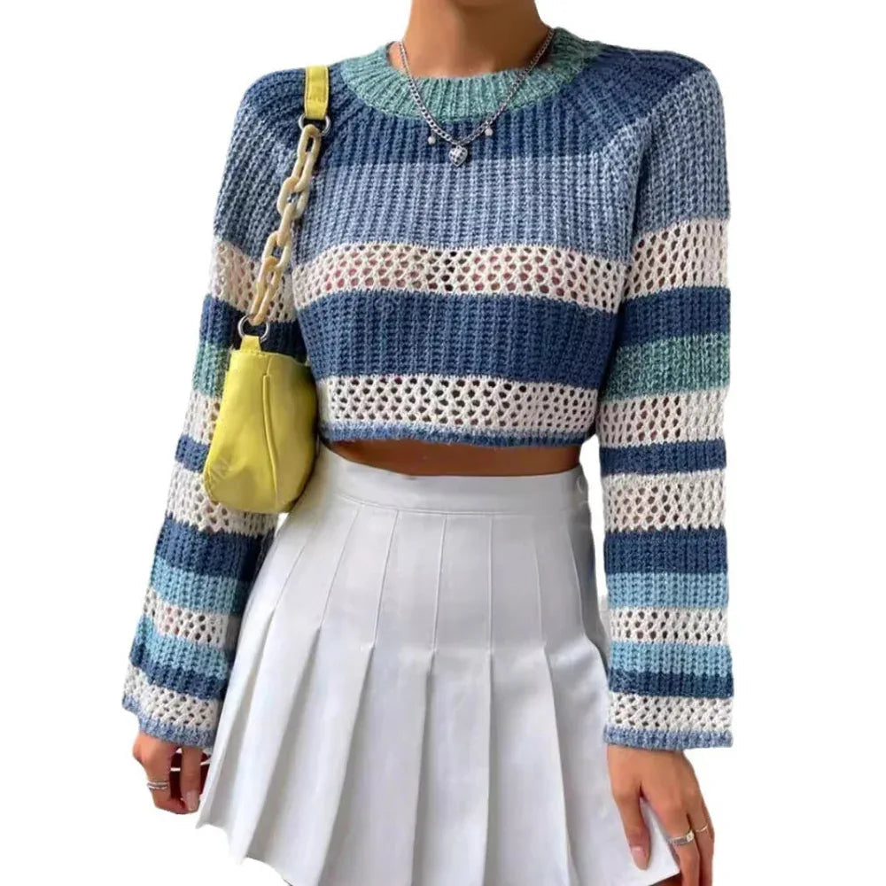Pull court et mode évidé pour femme, à rayures contrastantes