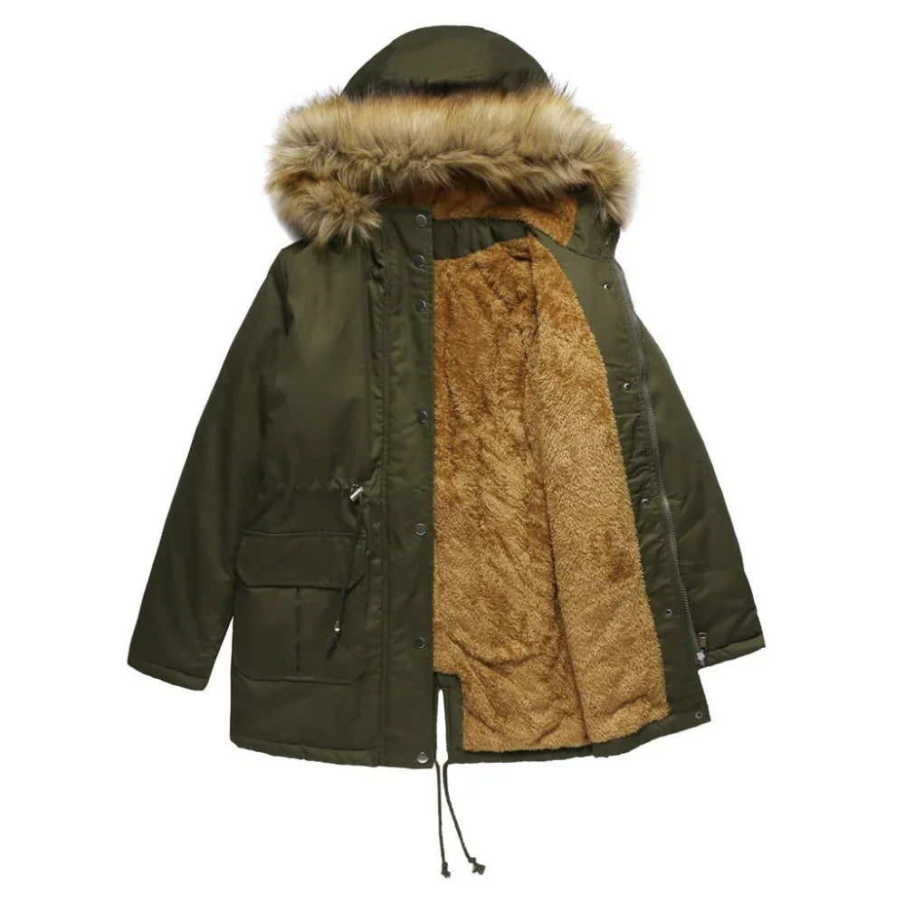 Veste d'hiver chaude doublée polaire à capuche avec col en fourrure pour femme