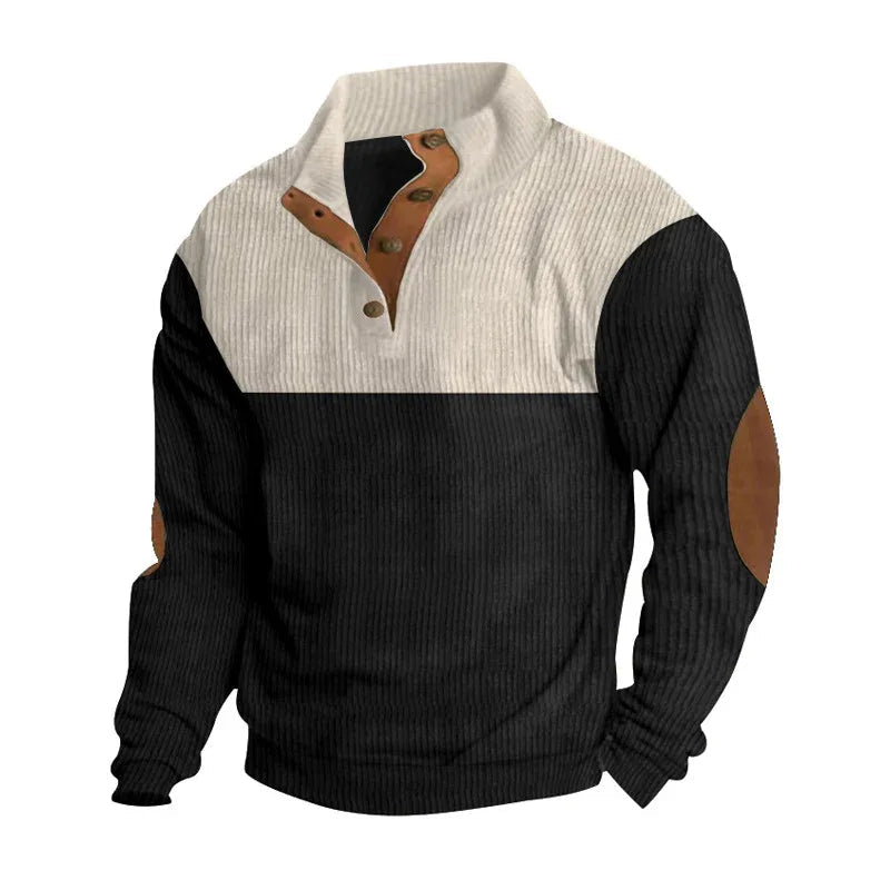 Pull homme décontracté avec col montant, demi-boutonné, motif color block