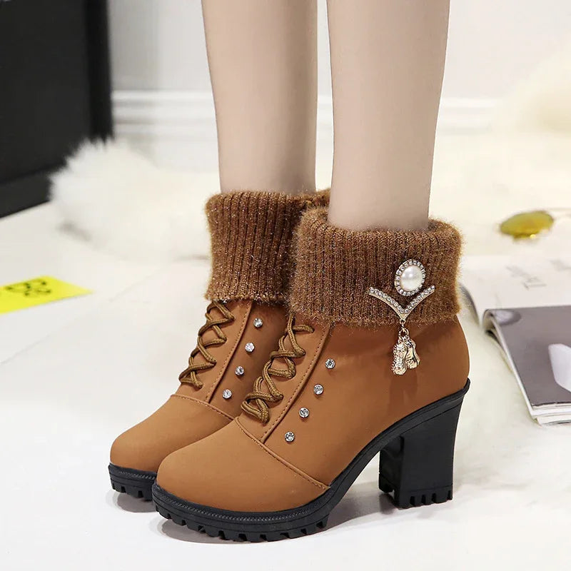 Bottes Martin à lacets et strass à talon épais pour femme