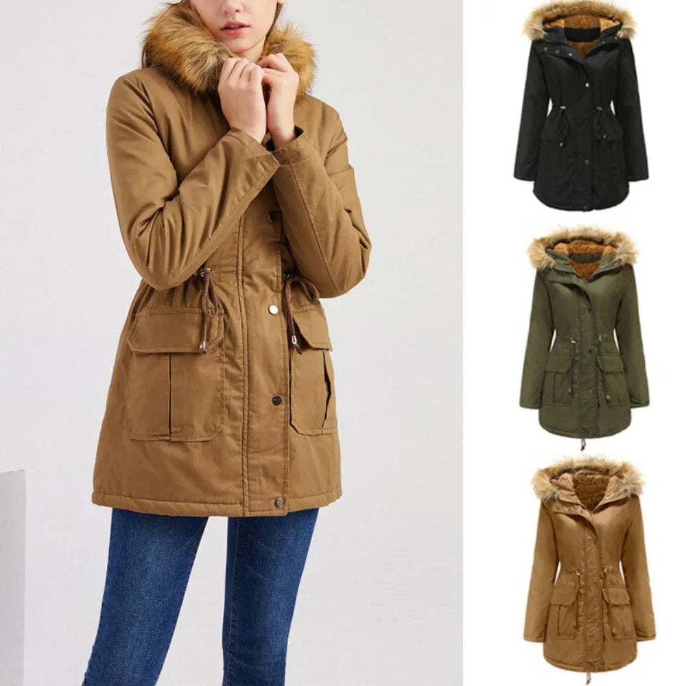Veste d'hiver chaude doublée polaire à capuche avec col en fourrure pour femme