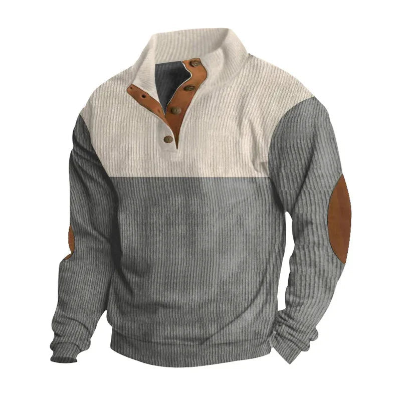 Pull homme décontracté avec col montant, demi-boutonné, motif color block