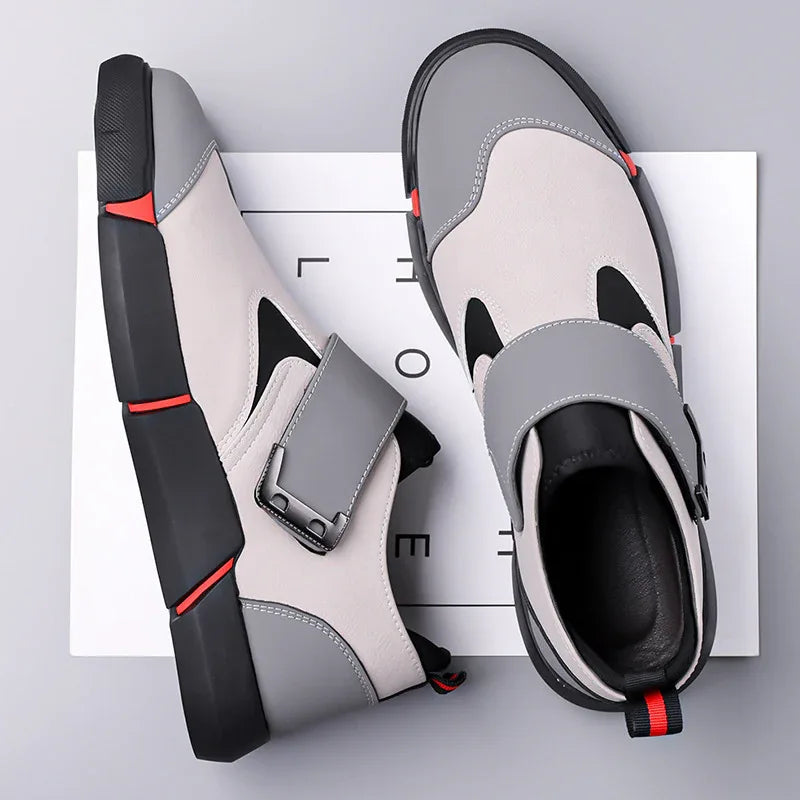 Chaussures basses décontractées en cuir pour hommes, confortables, à enfiler, avec velcro, antidérapantes, à talon plat et absorption des chocs