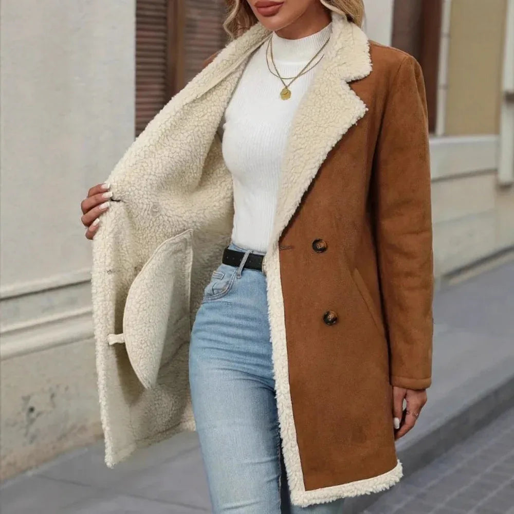 Manteau décontracté mi-long en laine polaire et daim chaud pour femme