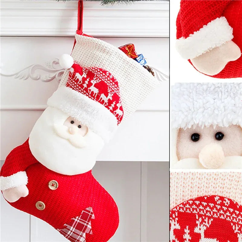 Grande chaussette de Noël tricotée rouge et blanche Père Noël, chaussette de décoration de cheminée, sacs cadeaux de Noël, support à bonbons pour la maison