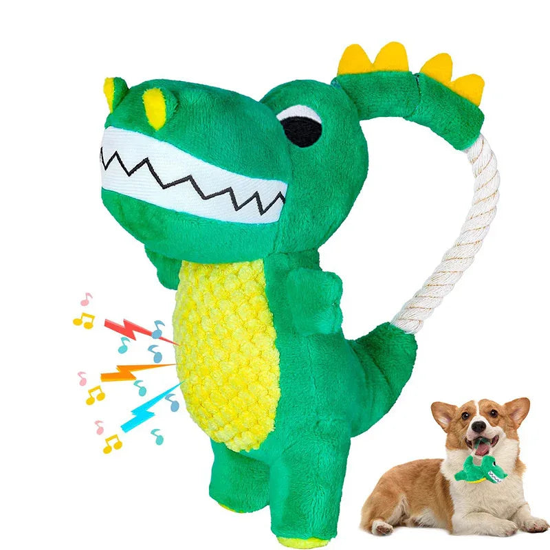 Plüsch-Hundespielzeug mit Sound, langlebig, weich, interaktiv, Dinosaurierform, mit Quietscher