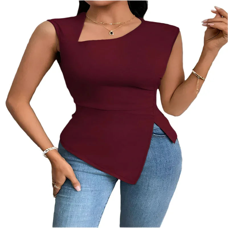T-shirt asymétrique pour femme, col diagonal, sans manches