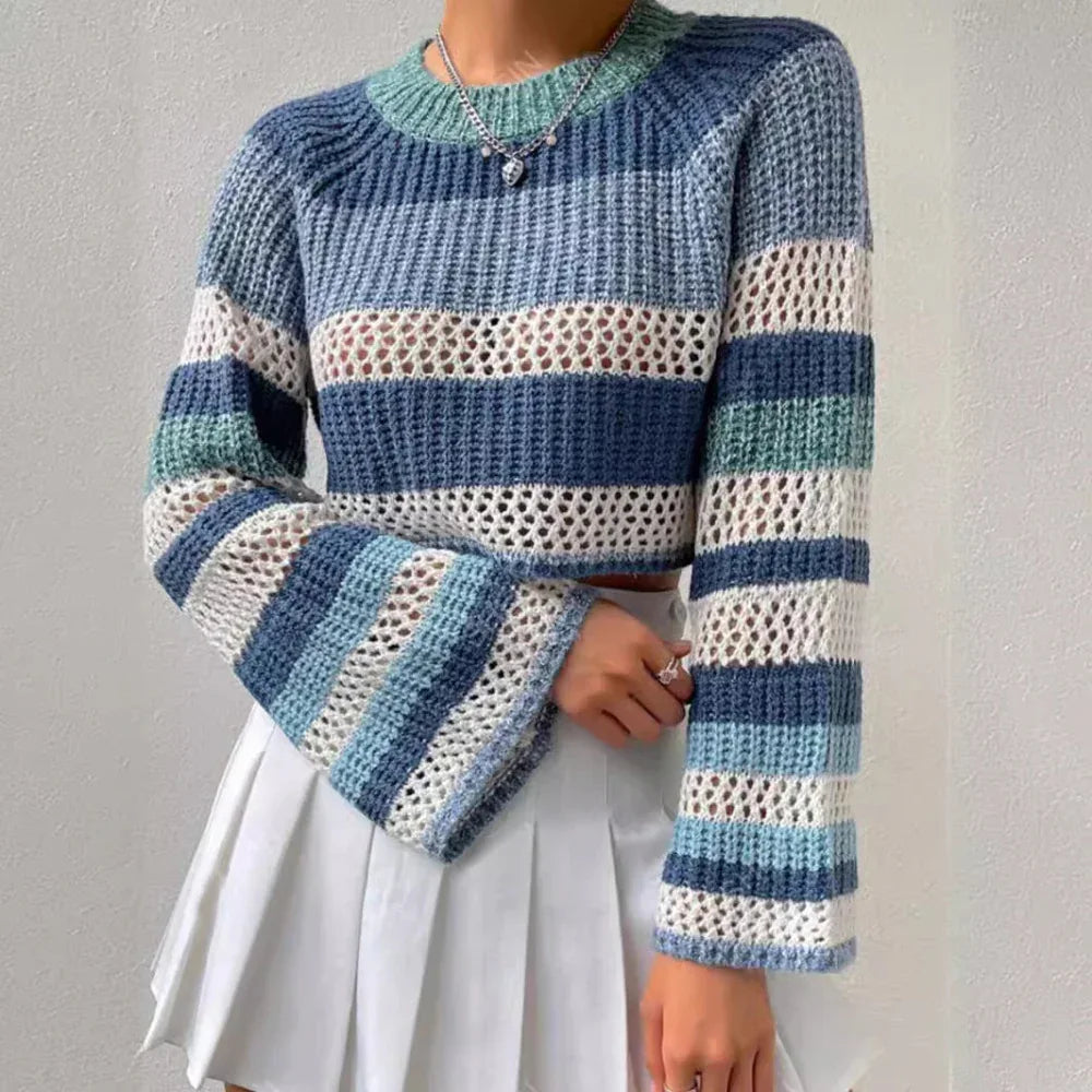 Pull court et mode évidé pour femme, à rayures contrastantes