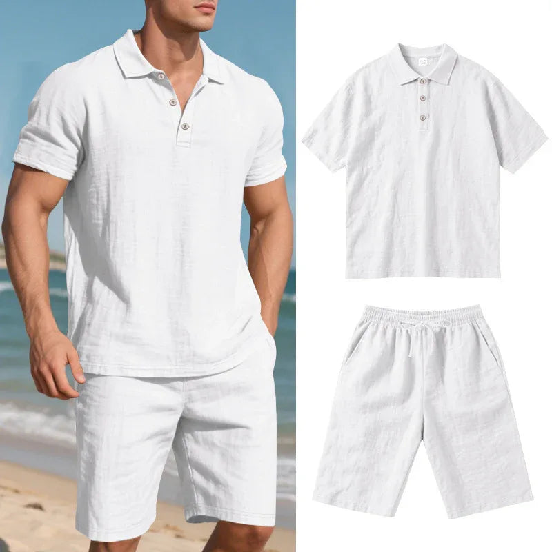 Ensemble de vêtements d'été décontracté en lin ample et respirant pour hommes, comprenant une chemise à manches courtes et un short