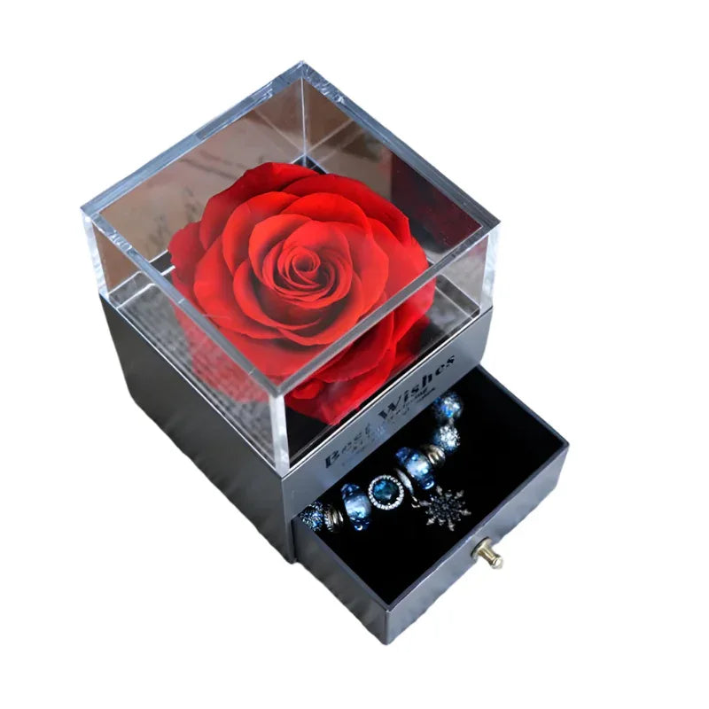 Boîte à Bijoux Fleur Rose Éternelle Romantique pour Cadeaux d'Anniversaire, Saint-Valentin et Mariage