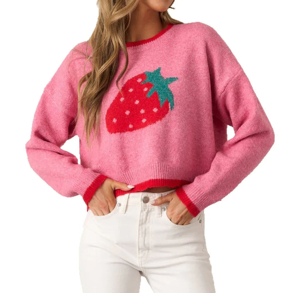 Haut pull en maille à manches longues court décontracté fraise pour femme de style européen et américain
