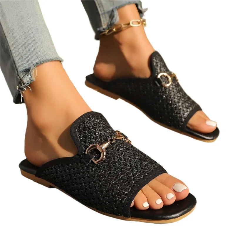 Sandales plates à bout carré évidé, chaussures de plage plates et unies pour femmes, mode estivale