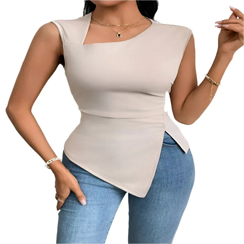 T-shirt asymétrique pour femme, col diagonal, sans manches
