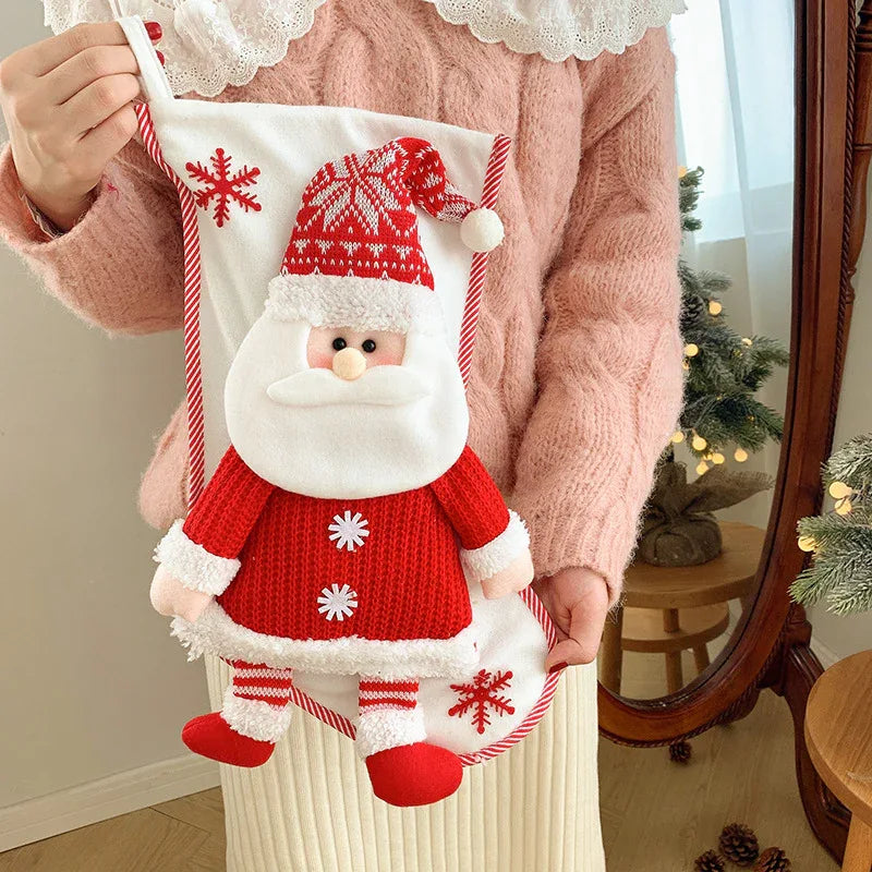 Décorations de Noël Chaussettes en tricot 3D bonhomme de neige et Père Noël Sac cadeau