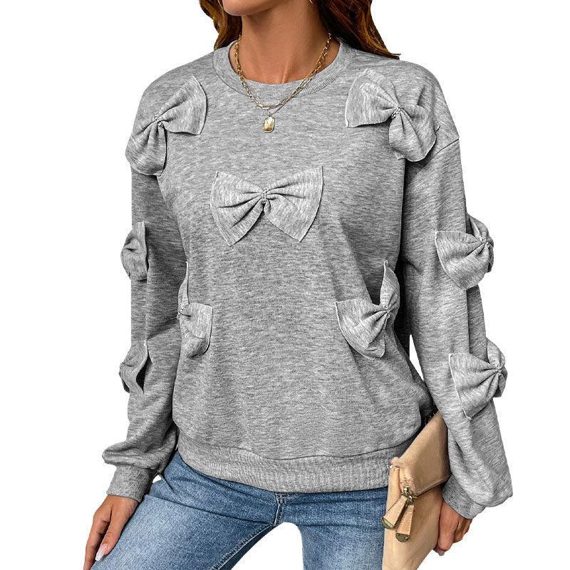 Pull gris décontracté à col rond pour femme avec nœud papillon brodé