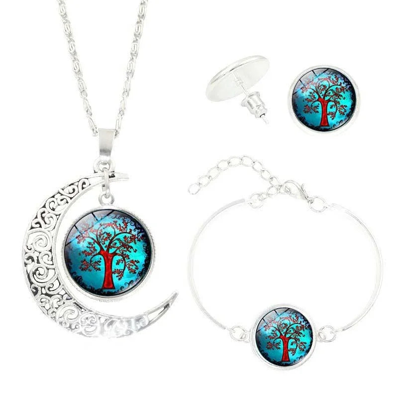 Parure de bijoux Arbre de Vie avec boucles d'oreilles, bracelet et collier orné de pierres précieuses