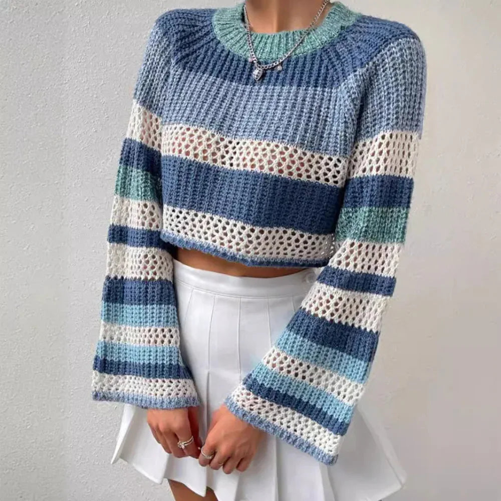 Pull court et mode évidé pour femme, à rayures contrastantes