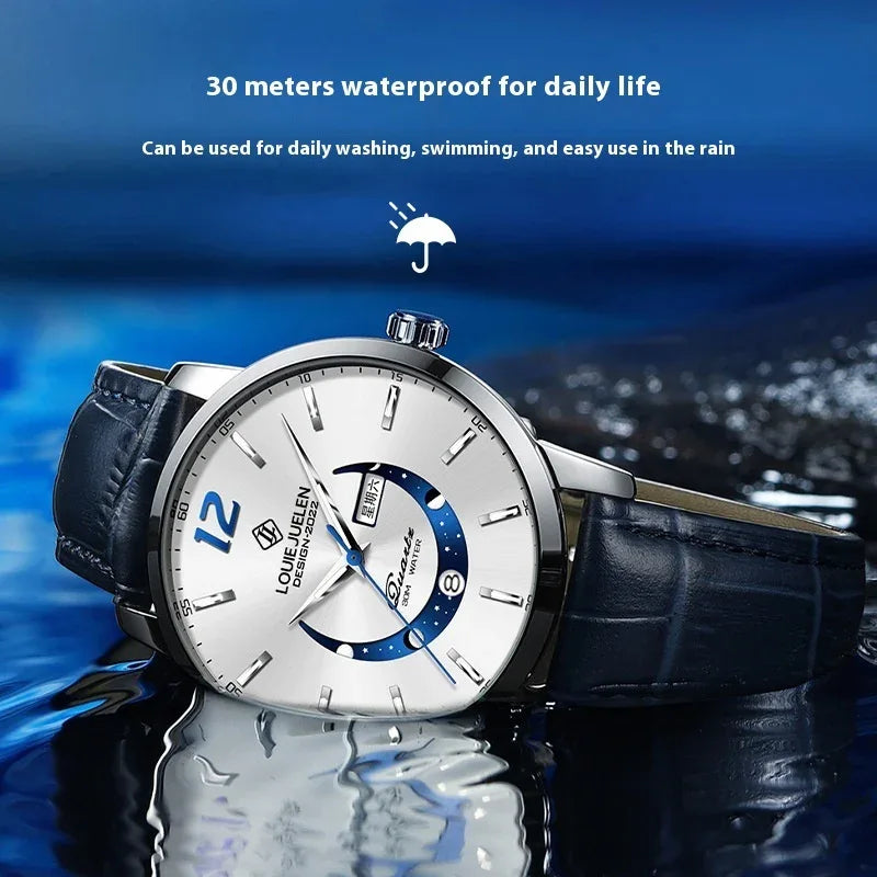 Leuchtende Wasserdichte Armbanduhr Herren Mode Echtes Lederarmband Quarzuhr