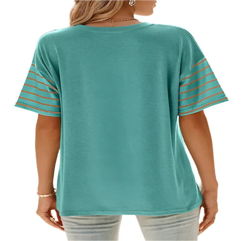 T-shirt décontracté ras-du-cou à manches courtes rayé contrasté pour femme