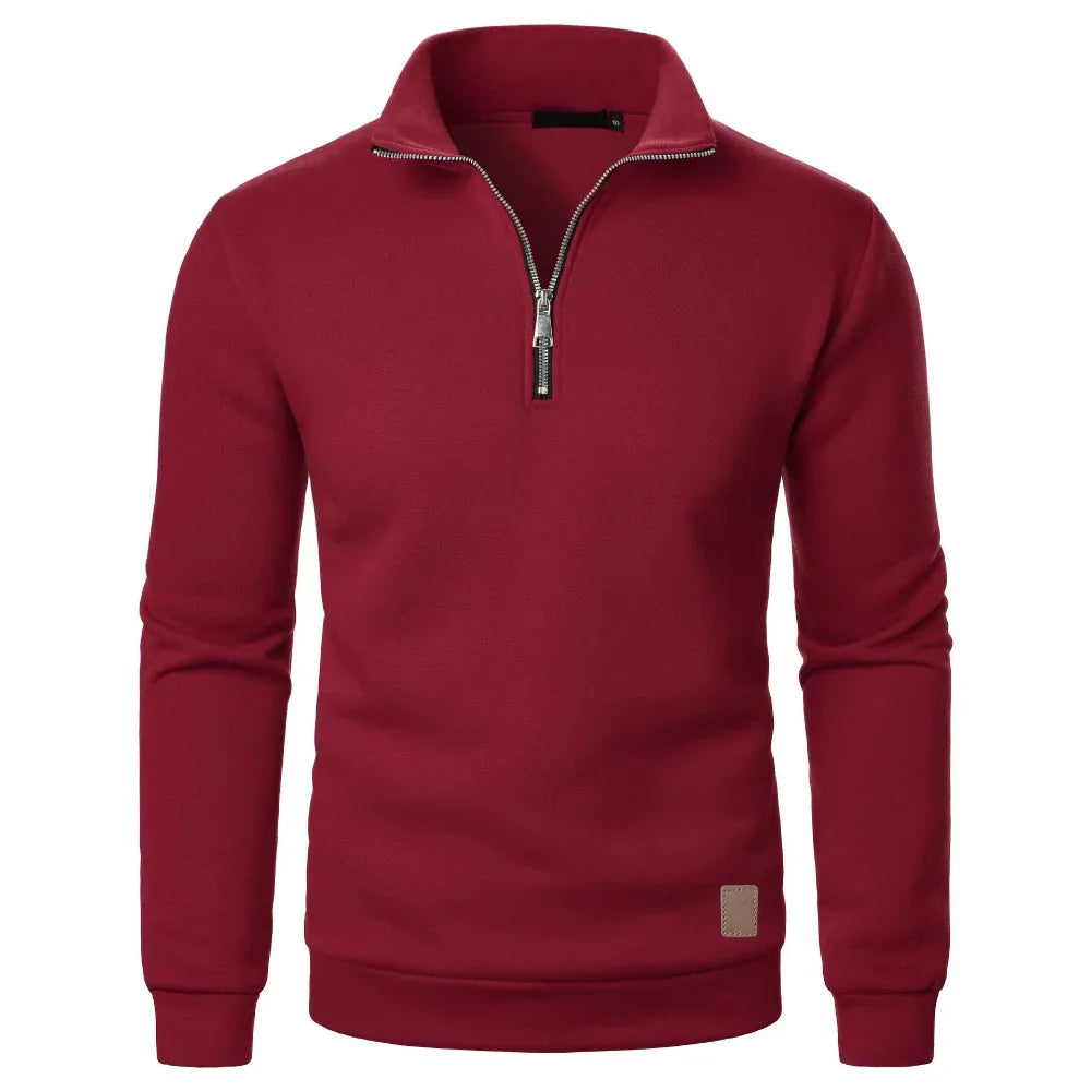 Herren Stehkragen Halb-Reißverschluss Langarm Freizeit Einfarbig Fleece Top Pullover