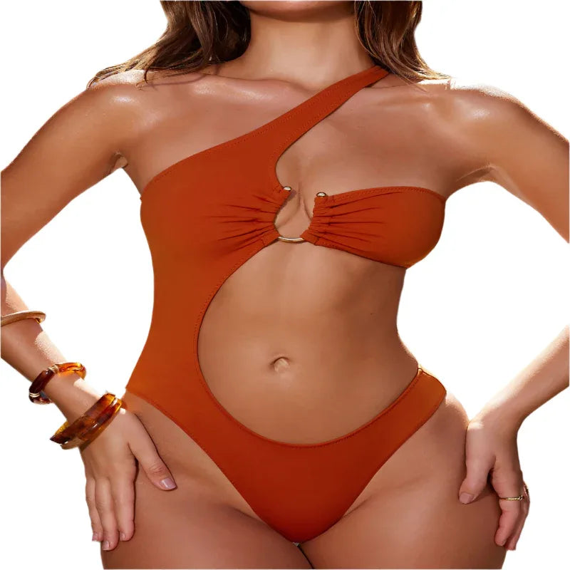 Maillot de bain une pièce à une épaule de couleur unie pour femme
