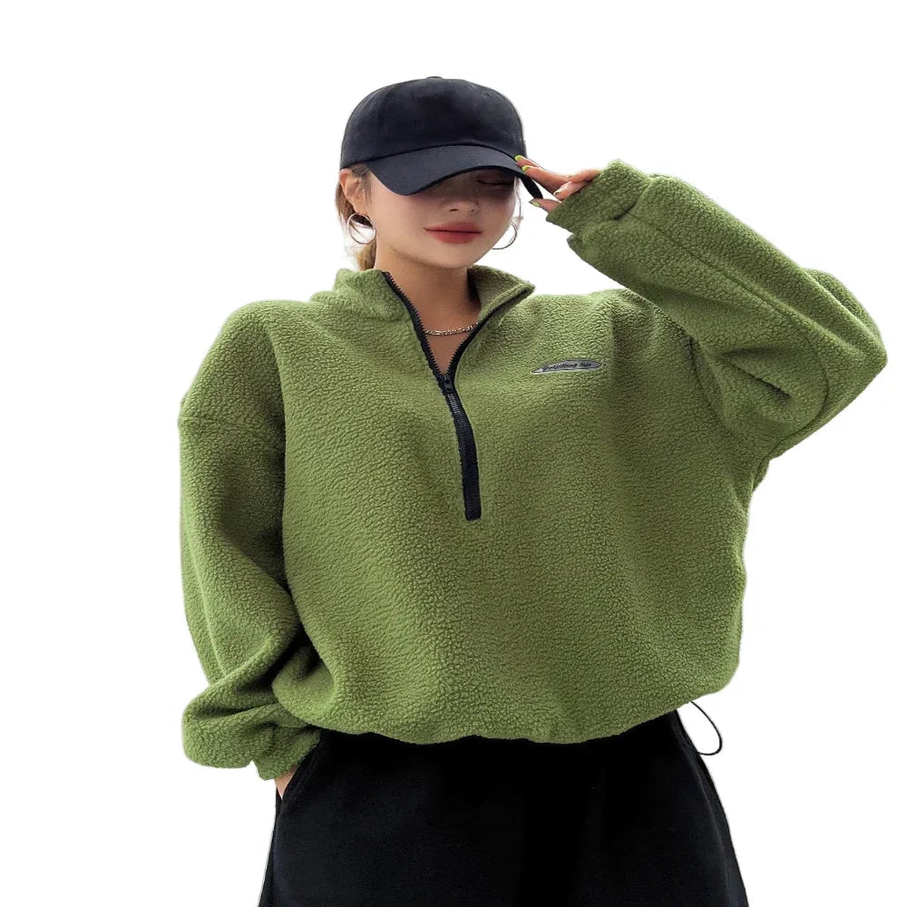 Sweat-shirt polaire à demi-fermeture éclair, épaules tombantes et détails rapiécés, hauts à manches longues pour femmes