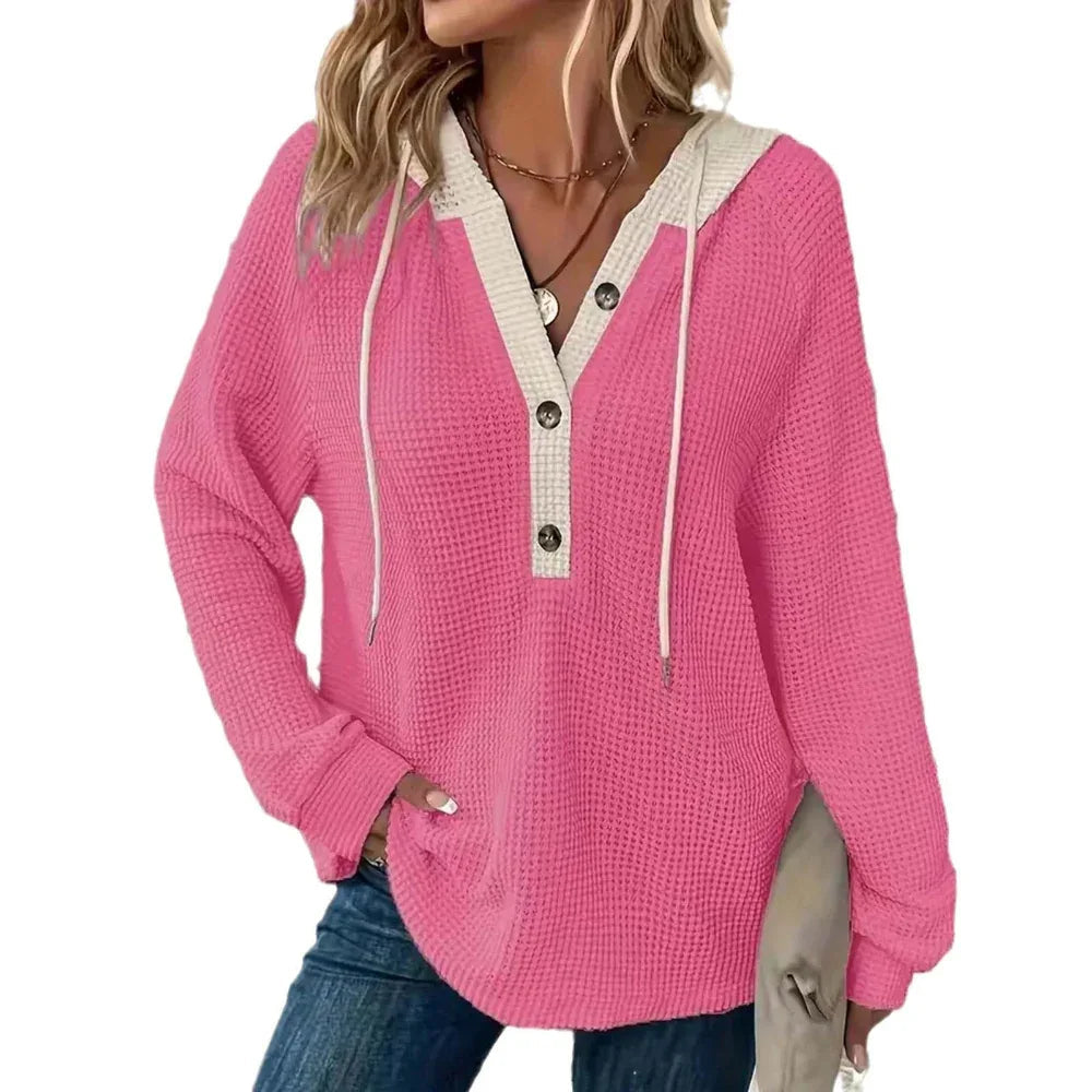 Pull-over à capuche ample en tissu gaufré uni pour femme, manches longues