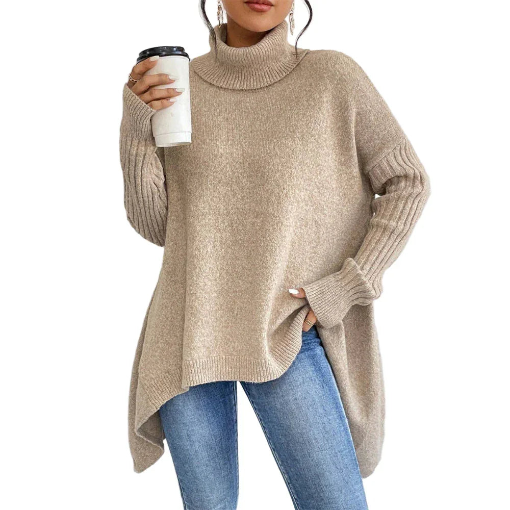 Chandail à col roulé irrégulier Hiver Ample Manches longues Tricoté Hauts Loisirs Chaud Pull Chandail Vêtements pour femmes